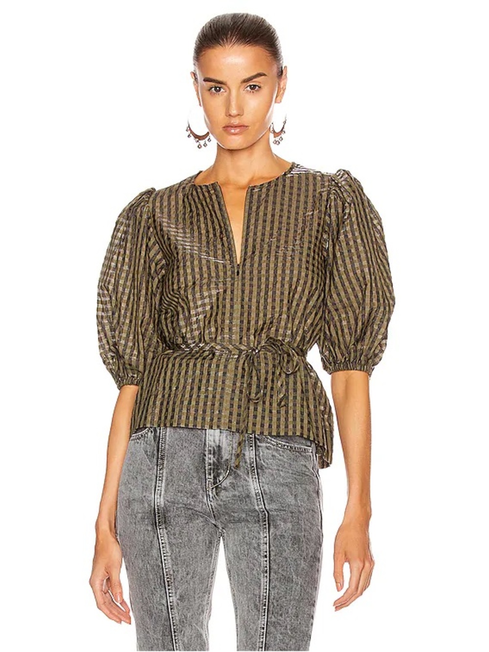 Ganni green and black checkered short sleeve blouse